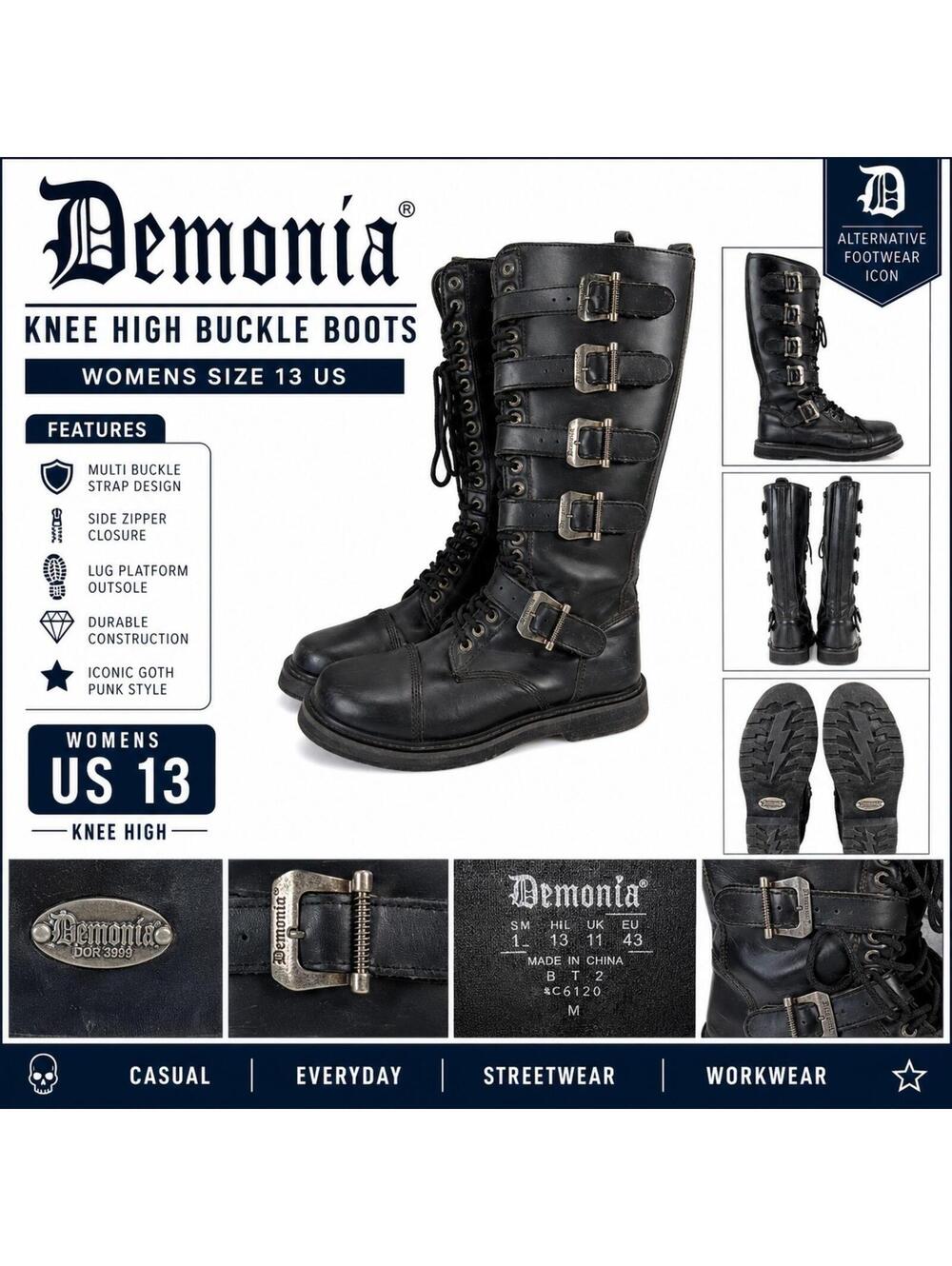 Demonia Womens 13 Mens 11 Black Knee High Gothic Punk Buckle Combat Boots